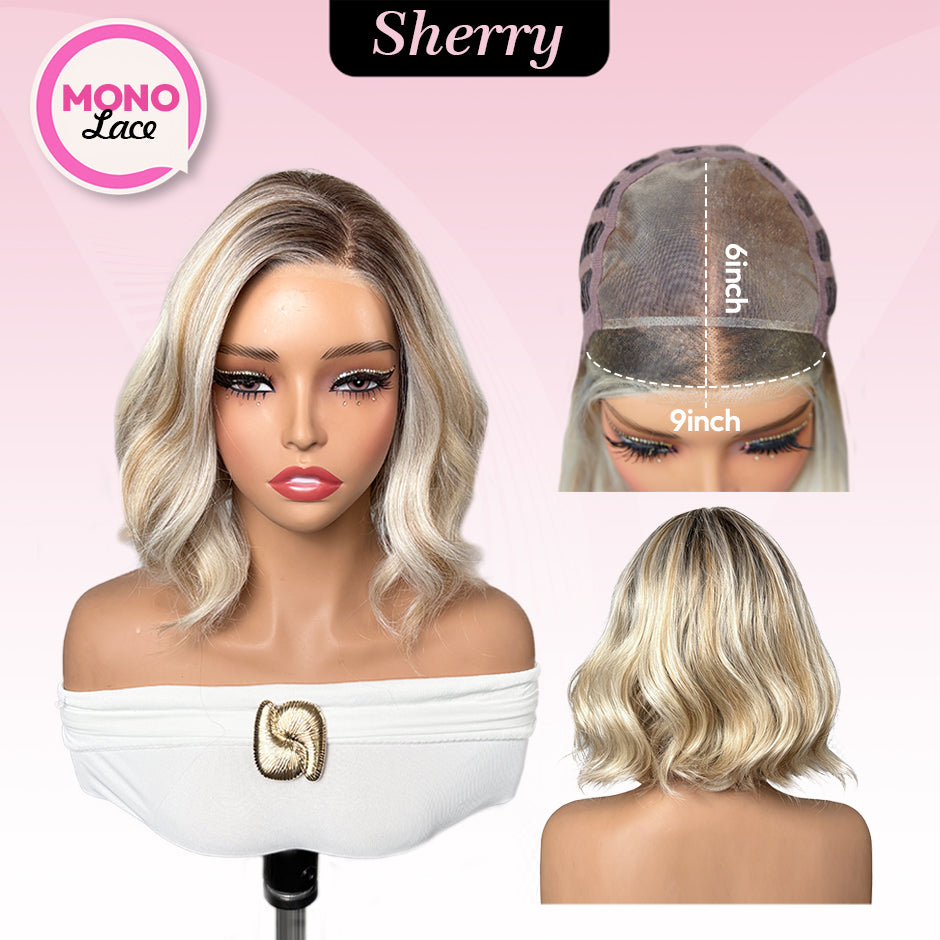 [Sherry] VSIGN Monofilament Handmade Wig Short Wave Ash Blonde Highlight 9×6 Mono Glueless Lace Front Wig  Synthetic Heat Resistant Fiber