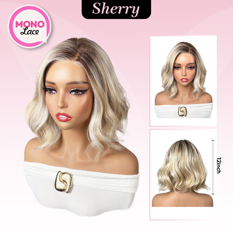 [Sherry] VSIGN Monofilament Handmade Wig Short Wave Ash Blonde Highlight 9×6 Mono Glueless Lace Front Wig  Synthetic Heat Resistant Fiber