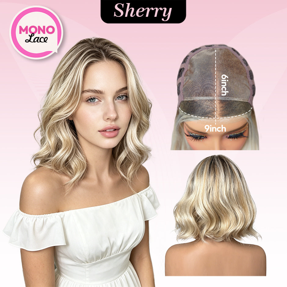 [Sherry] VSIGN Monofilament Handmade Wig Short Wave Ash Blonde Highlight 9×6 Mono Glueless Lace Front Wig  Synthetic Heat Resistant Fiber