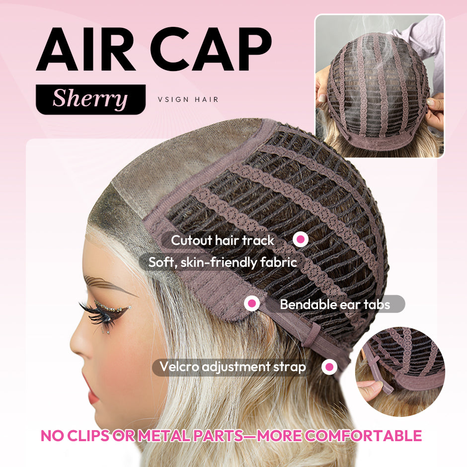 [Sherry] VSIGN Monofilament Handmade Wig Short Wave Ash Blonde Highlight 9×6 Mono Glueless Lace Front Wig  Synthetic Heat Resistant Fiber