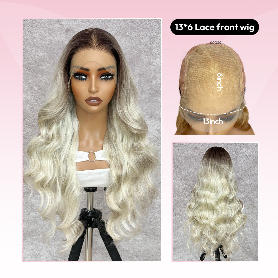 VSIGN Rooted Platinum Gray Blonde Long Wave 13×6 HD Lace Front Permium Synthetic Heat Resistant Fiber Wig