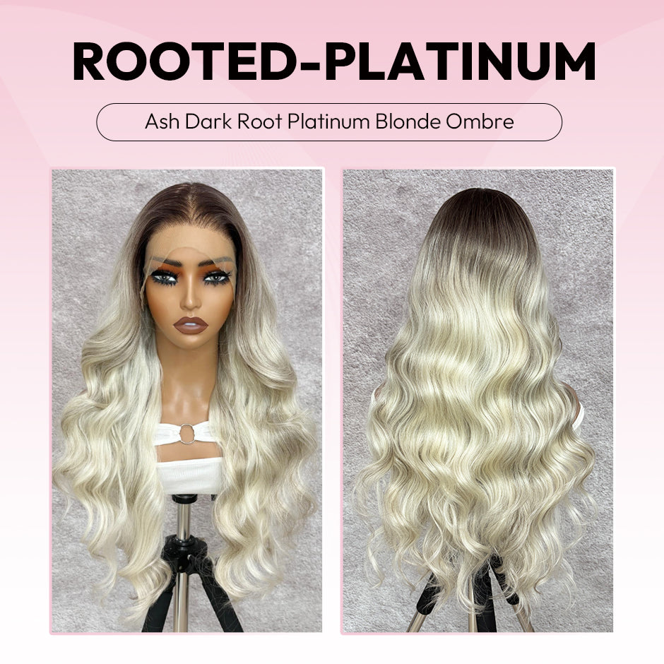 VSIGN Rooted Platinum Gray Blonde Long Wave 13×6 HD Lace Front Permium Synthetic Heat Resistant Fiber Wig