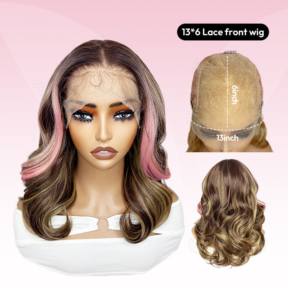 VSIGN  Chestnut Brown Pink Money Piece Face Framing Layer 13x6 HD Lace Front Wig Heat Resistant Fiber Synthetic Wig