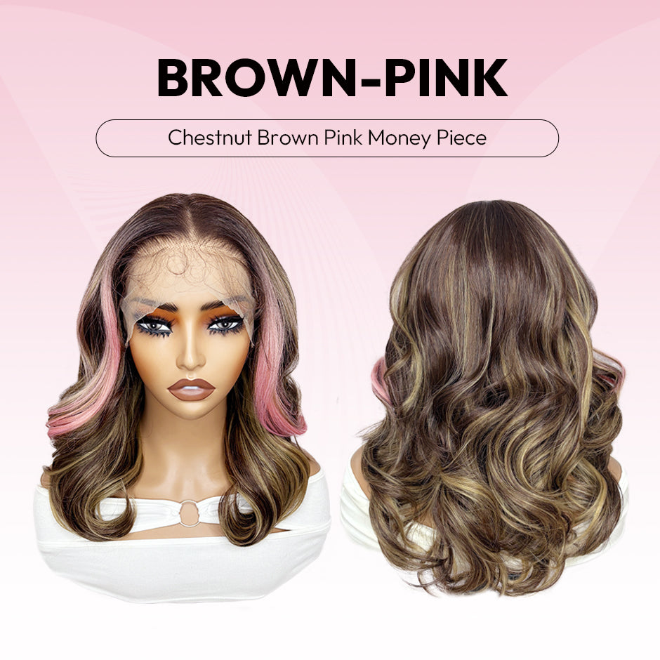 VSIGN  Chestnut Brown Pink Money Piece Face Framing Layer 13x6 HD Lace Front Wig Heat Resistant Fiber Synthetic Wig